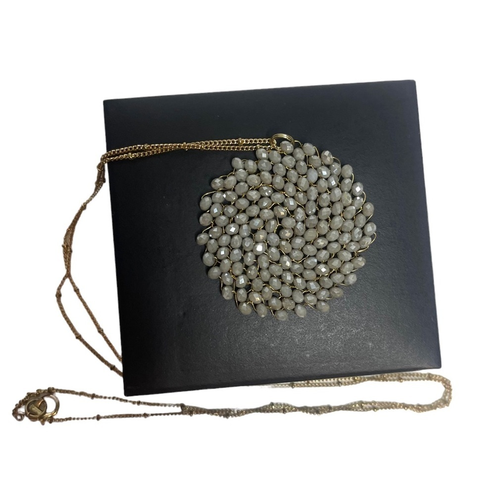 Mesh Sparkling Crystal Round Disc Necklace on Long Gold Tone Chain